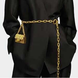 New! Trendy Gold Metal Chain Waist Belt with Quilted Mini Bag